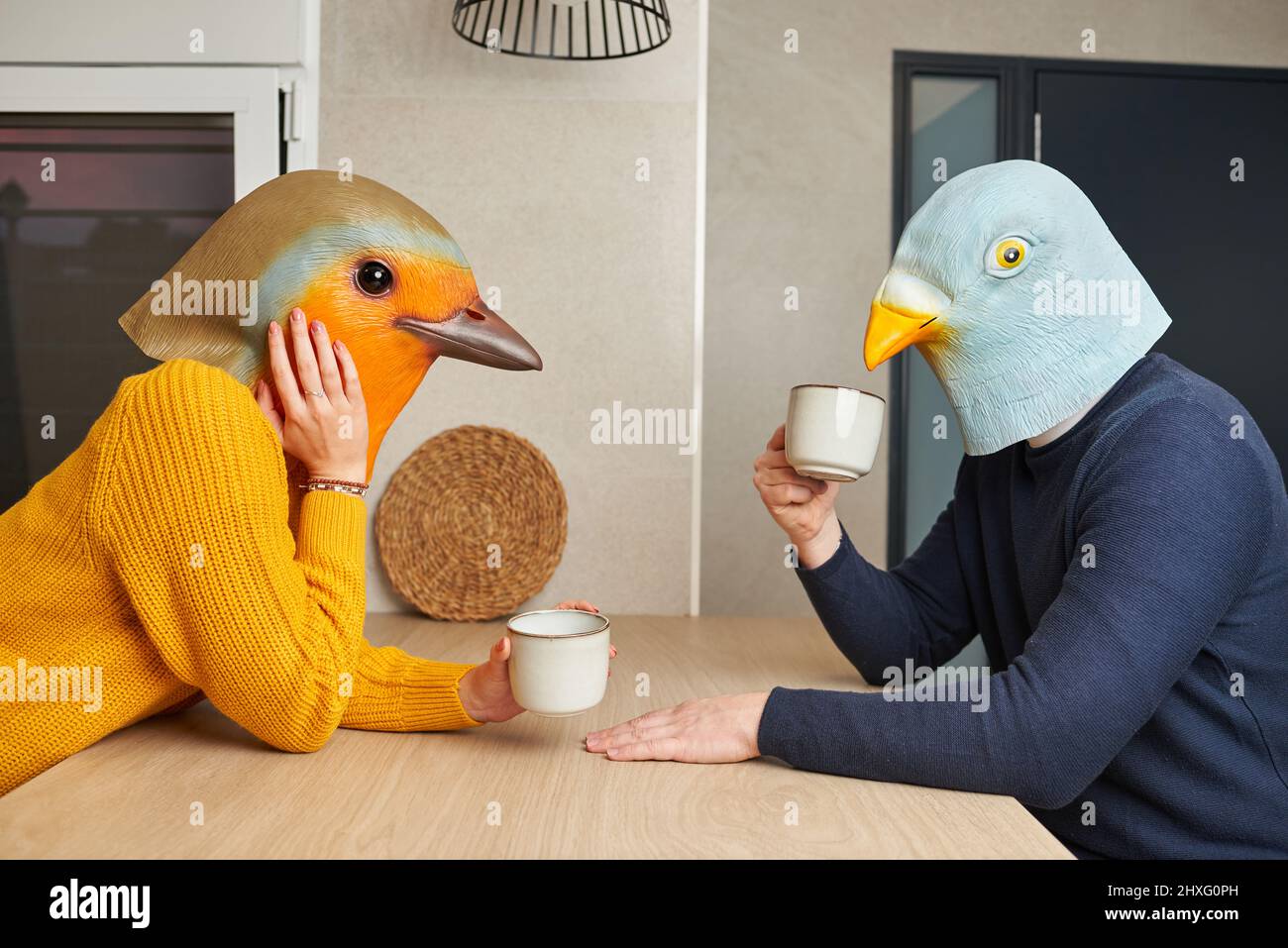 Pareja disfrazada con máscara de pájaro hacer la vida familiar en la cocina  Fotografía de stock - Alamy