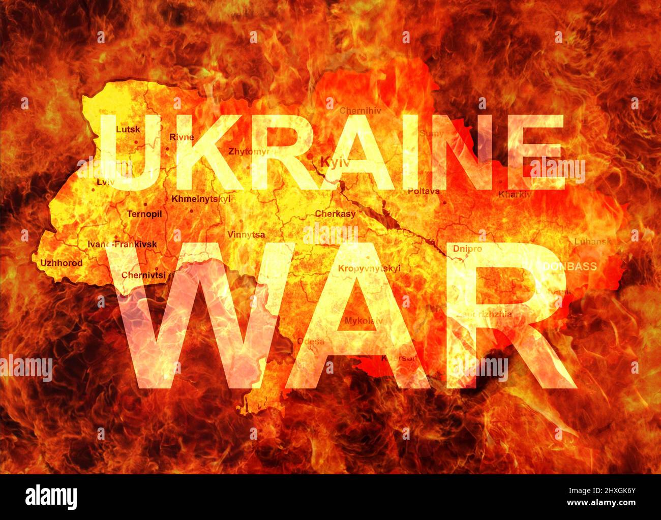 La guerra en Ucrania concepto, Rusia y Ucrania conflicto en el mapa ardiente. Bandera con territorio ucraniano en el fuego. Rusia contra Ucrania en llamas. Ilustración Foto de stock