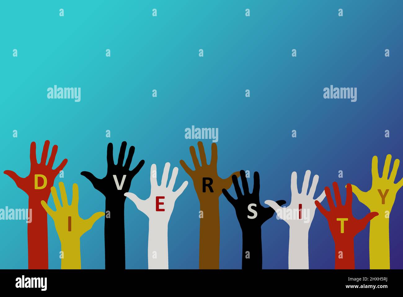 Concepto de diversidad. Alzó las manos de personas de varios colores de piel/raza/origen con inscripción 'universal'. Foto de stock