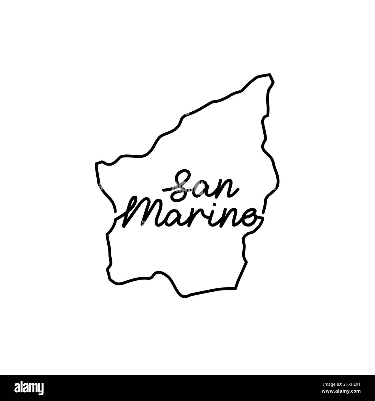 Mapa de San Marino con el nombre escrito a mano del país. Dibujo continuo de la línea del signo patriótico de la casa. Un amor por una pequeña patria. Estampado de camiseta i Ilustración del Vector