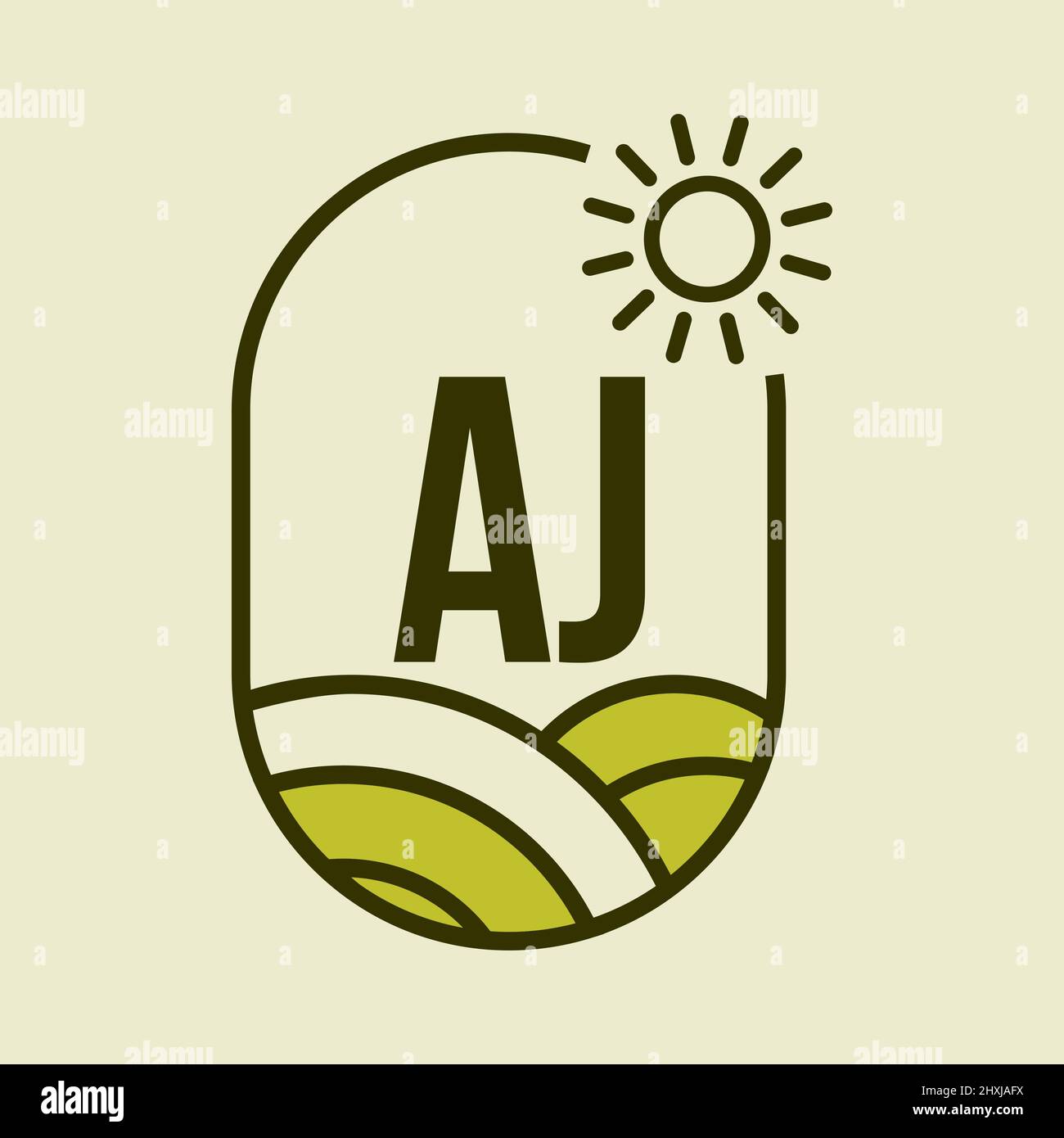Logotipo de la agricultura en la carta AJ Emblem Template. Carta AJ Agro Farm, Agronegocios, Eco-granja Signo Ilustración del Vector