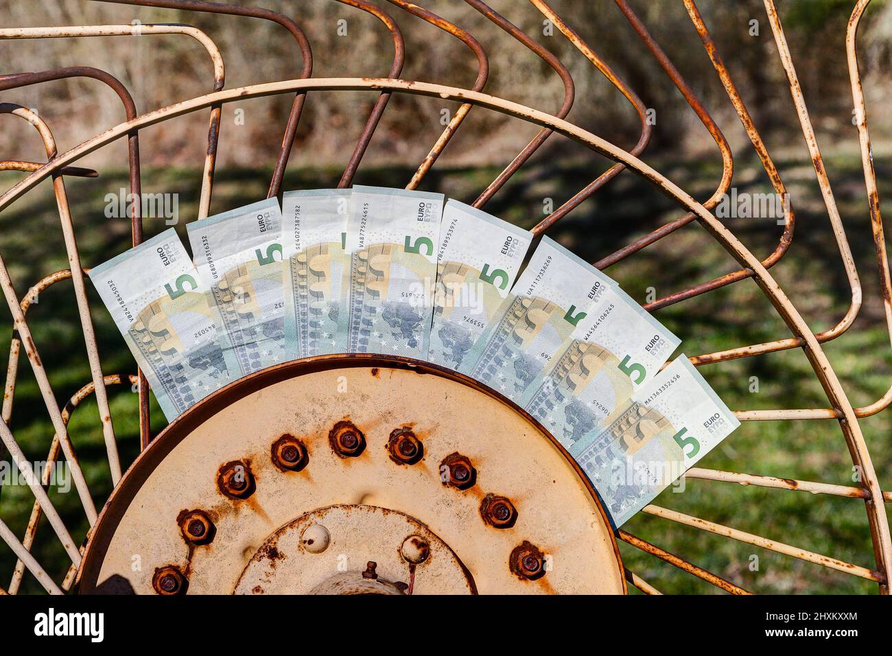 Billetes de euros atascados en la rueda de un tedder de heno. La rueda de las subvenciones agrícolas gira. Foto de stock