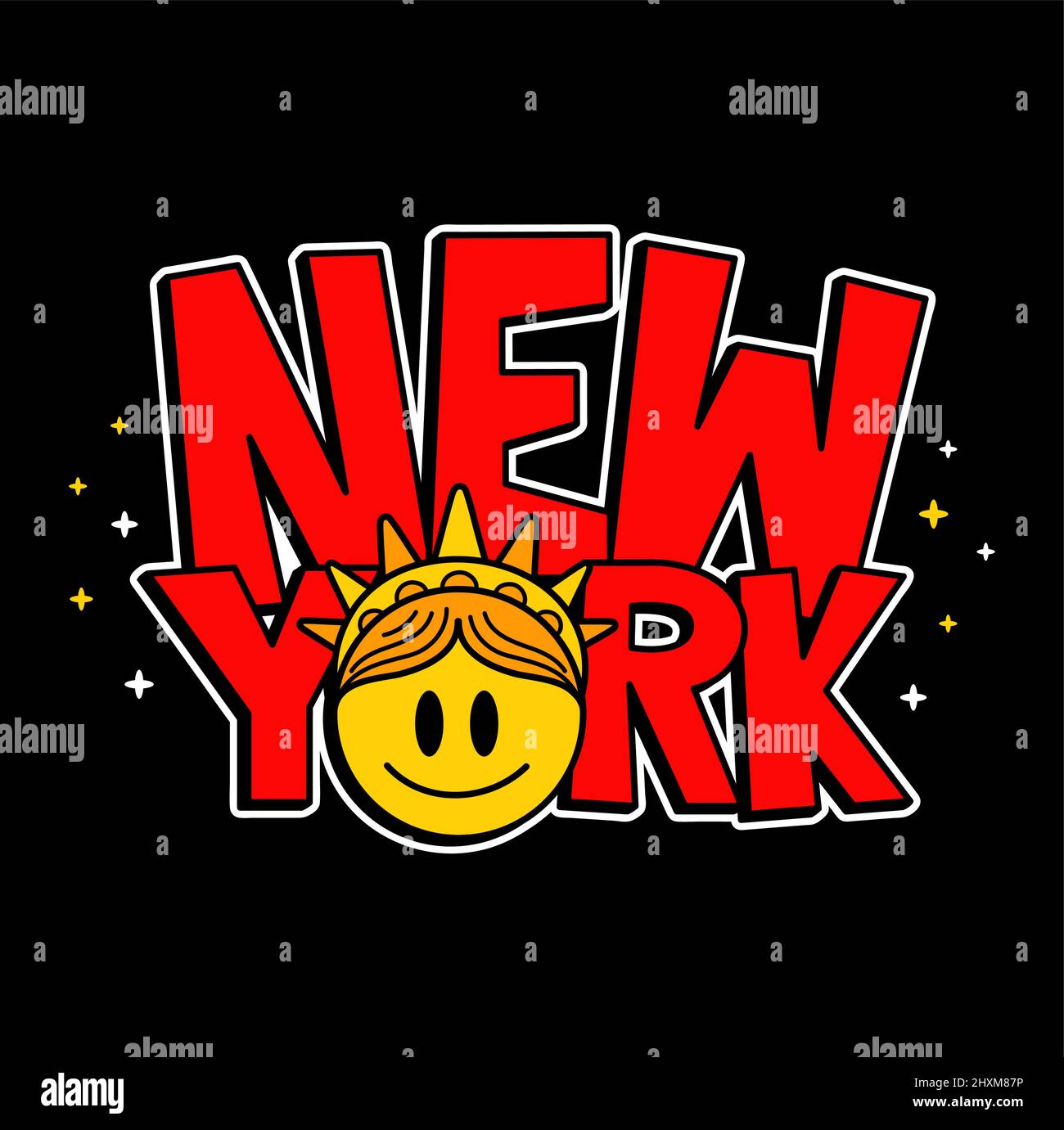Nueva York cita con la estatua de la libertad sonrisa cara impresión para la camiseta.Vector graffiti art, línea de fideos dibujos animados carácter ilustración.Estatua de la Libertad, NY, Nueva York imprimir para la camiseta, póster, etiqueta concepto Ilustración del Vector