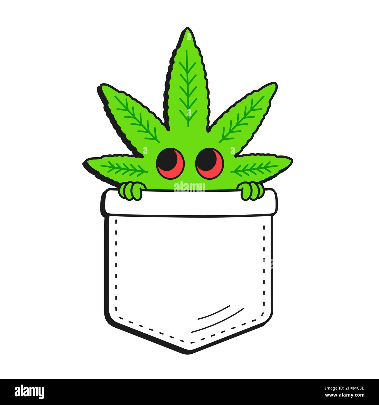 Lindo gracioso maleza hoja en bolsillo camiseta print.Vector dibujos animados estilo línea de fideos logotipo ilustración diseño.aislado sobre fondo blanco. Estampado de hojas de cannabis para un concepto de camiseta de bolsillo y ropa Ilustración del Vector