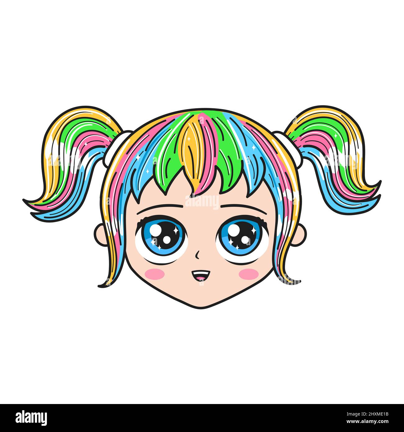 Belleza sonrisa manga anime chica cara. Vector dibujo a mano anime manga  caricatura kawaii ilustración del logotipo del personaje. Chica,mujer,cara  de dama,camiseta de rainbow haircharacter,póster,concepto de impresión de  logotipo Imagen Vector de
