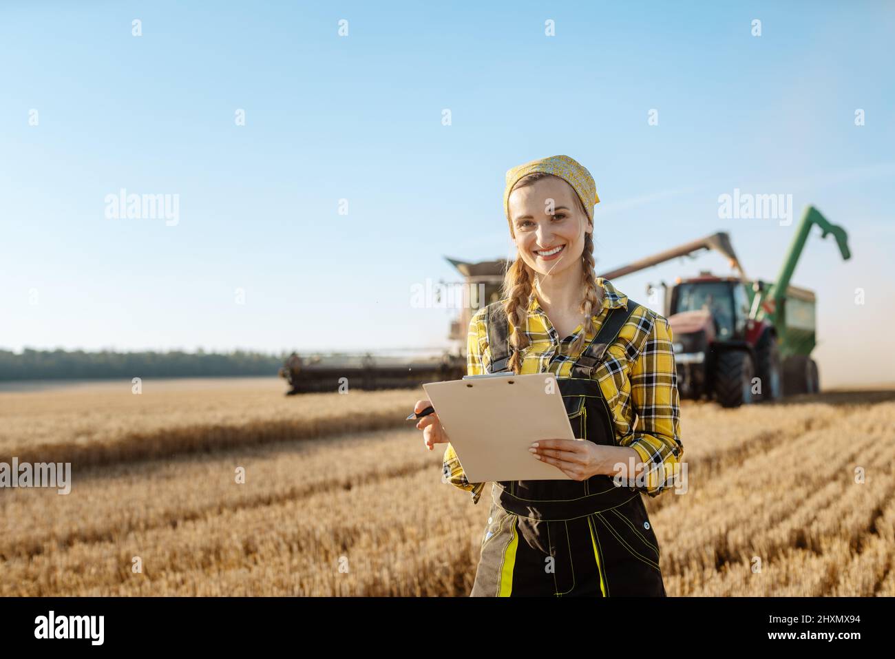 Agricultor en campo de grano con tractor y cosechadora trilladora en segundo plano Foto de stock