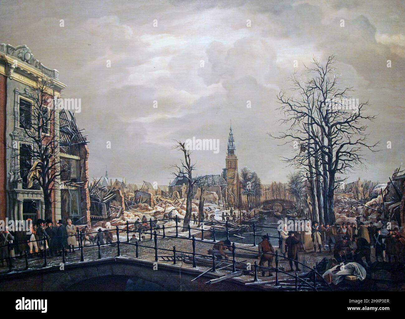 Pintura de los Rapenburg en Leiden, Países Bajos, el 12 de enero de 1807, por el pintor holandés Carel Lodewijk Hansen (1765-1840).El 12 de enero de 1807, un barco cargado de 37 toneladas de pólvora explotó en el centro de Leiden, 150 personas murieron y muchas casas fueron destruidas. Foto de stock