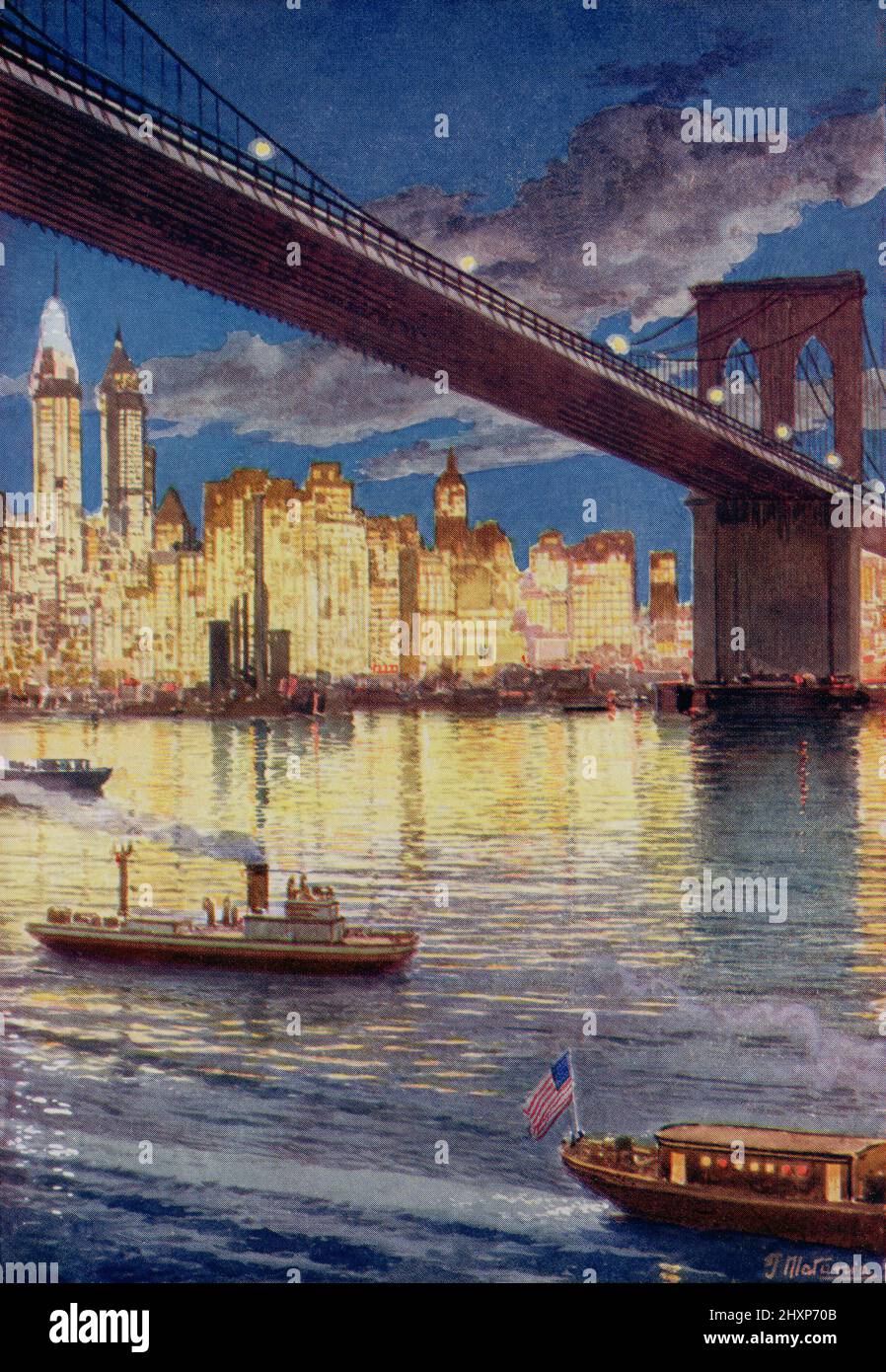 Los rascacielos de Nueva York, América, vistos debajo del Puente de Brooklyn. Del País de las Maravillas del Conocimiento, publicado c.1930 Foto de stock