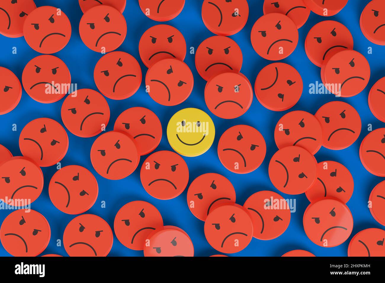 Cara feliz entre muchas otras caras enojadas. Concepto de actitud positiva. ilustración 3d. Foto de stock