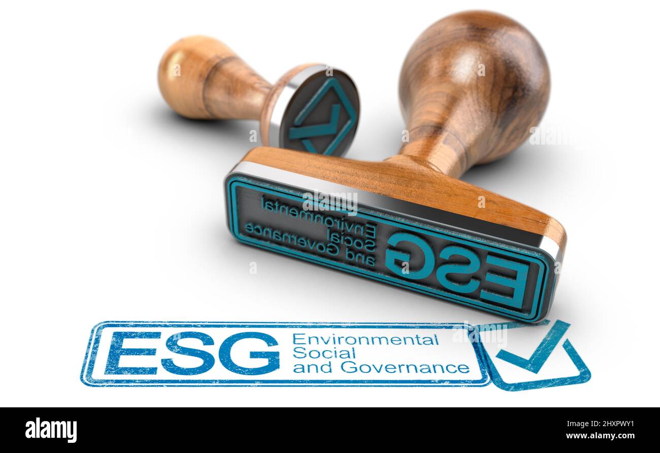 ESG, Environmental, Social and Governance impreso en azul con dos sellos de goma sobre fondo blanco. Concepto de responsabilidad corporativa. Foto de stock