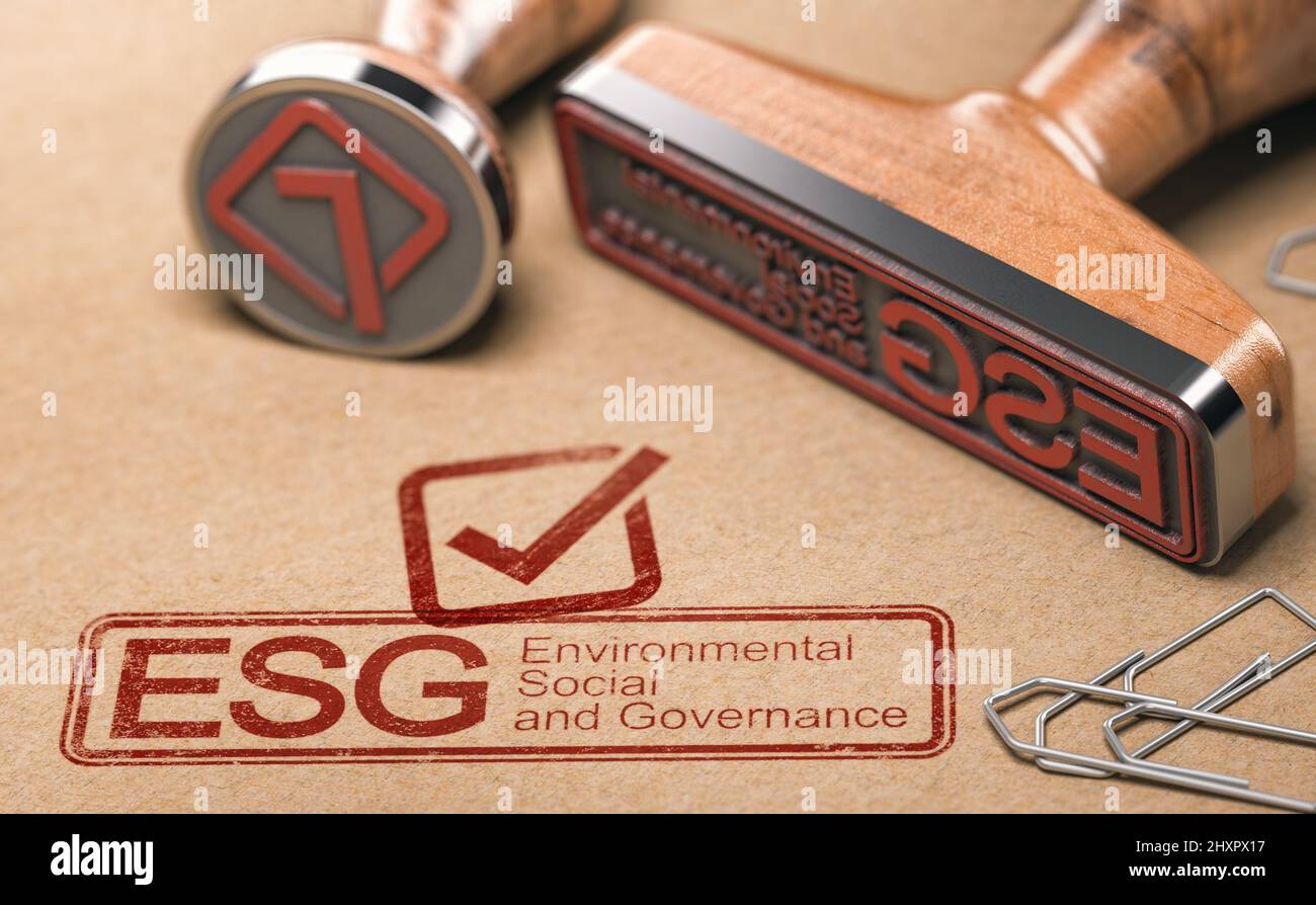 ESG, Environmental, Social and Governance impreso en azul con dos sellos de goma sobre papel marrón. Concepto de responsabilidad corporativa. Foto de stock