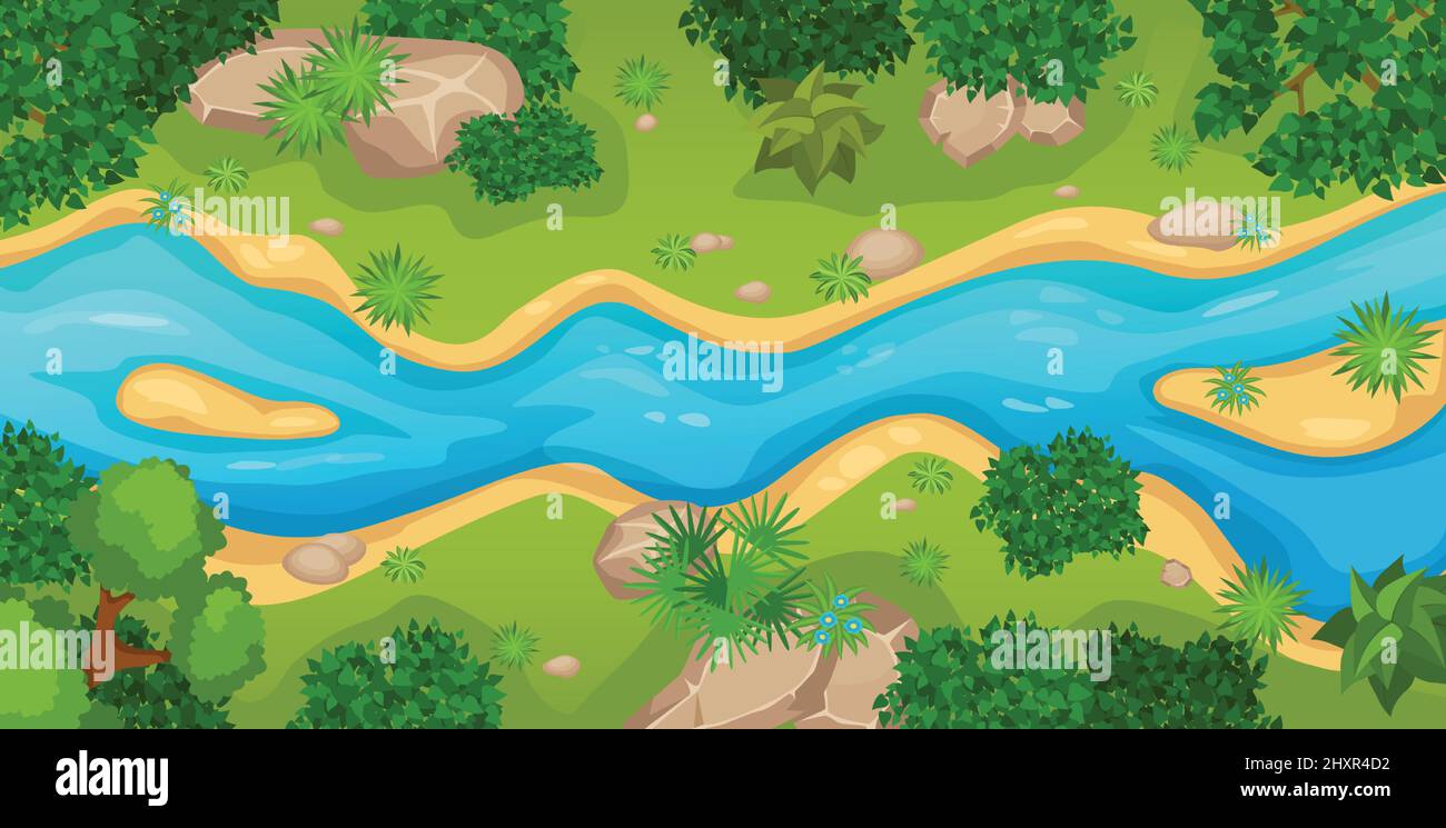 Vista superior de dibujos animados del paisaje del río con árboles verdes,  arbustos y piedras. Escena de la naturaleza de verano con ilustración de  vectores de bosques y corrientes de agua. Riverside