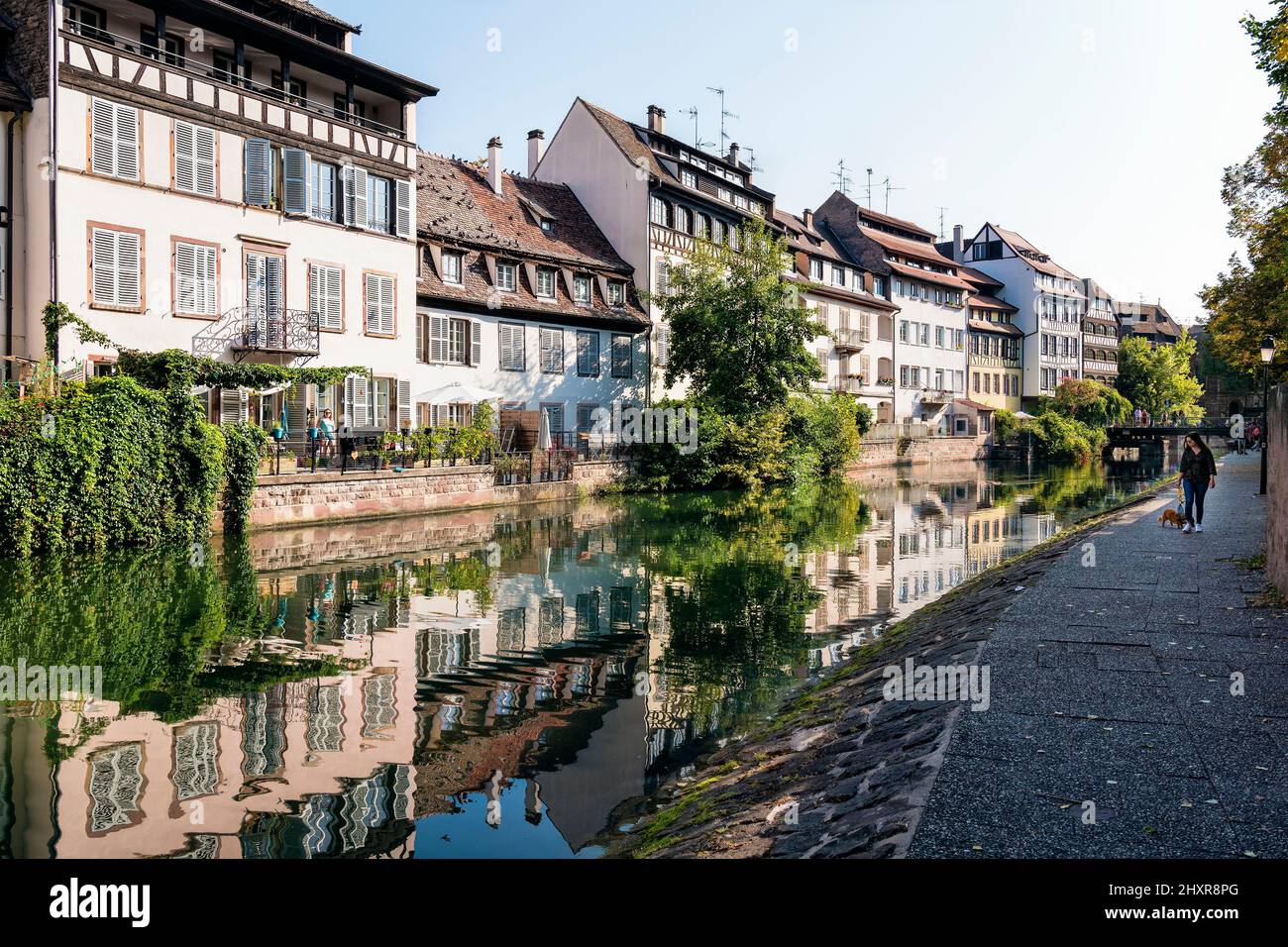 Francia, Estrasburgo, el centro histórico declarado Patrimonio de la Humanidad por la UNESCO, a lo largo de las orillas del río Ill. Foto de stock