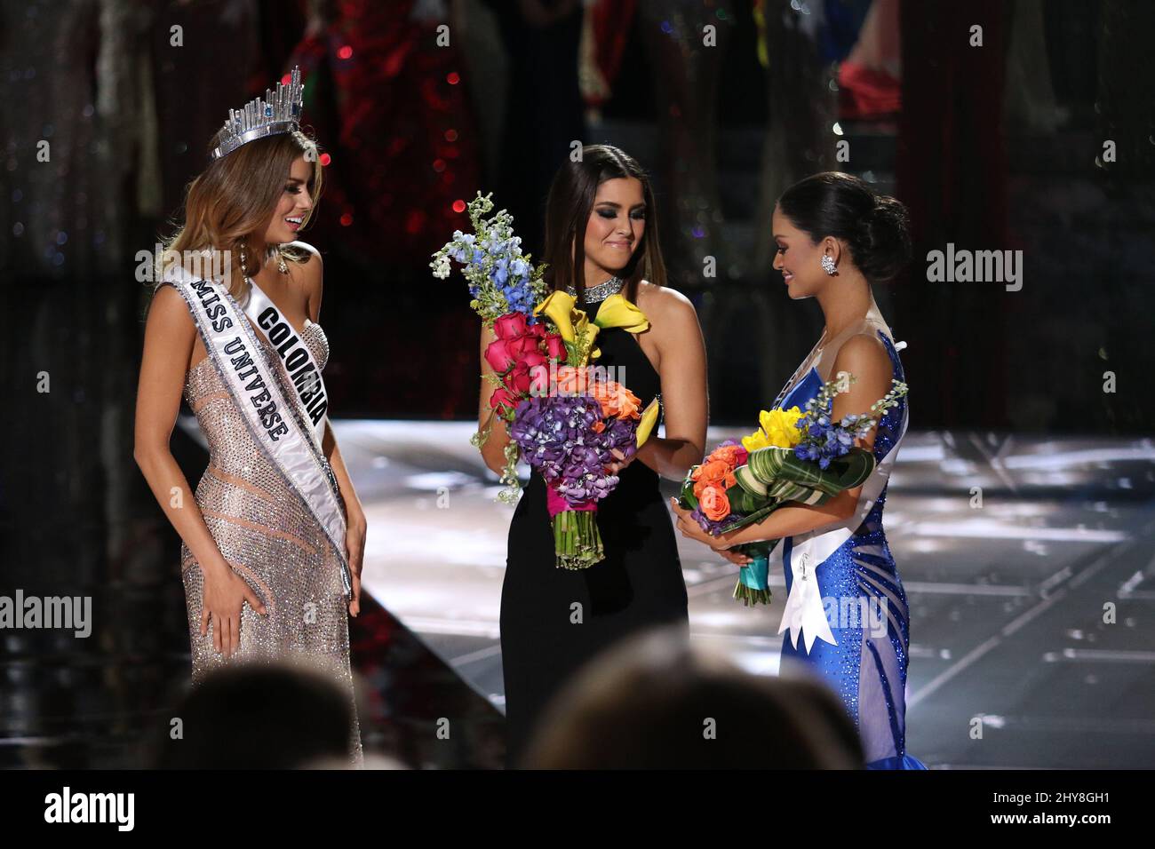 Miss Colombia, Ariadna Gutiérrez-Arevalo, Paulina Vega, Miss Universo 2014, Miss Filipinas, Pia Alonzo Wurtzbach durante el 2015 MISS UNIVERSO Pageant, Planet Hollywood Resort & Casino Foto de stock