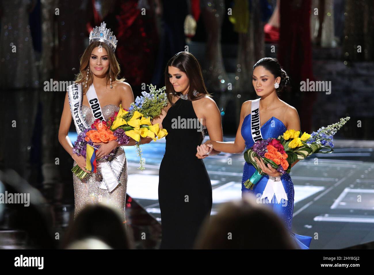 Miss Colombia, Ariadna Gutiérrez-Arevalo, Paulina Vega, Miss Universo 2014, Miss Filipinas, Pia Alonzo Wurtzbach durante el 2015 MISS UNIVERSO Pageant, Planet Hollywood Resort & Casino Foto de stock