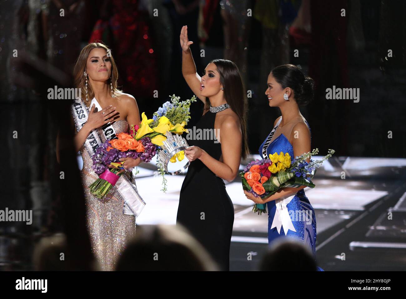 Miss Colombia, Ariadna Gutiérrez-Arevalo, Paulina Vega, Miss Universo 2014, Miss Filipinas, Pia Alonzo Wurtzbach durante el 2015 MISS UNIVERSO Pageant, Planet Hollywood Resort & Casino Foto de stock