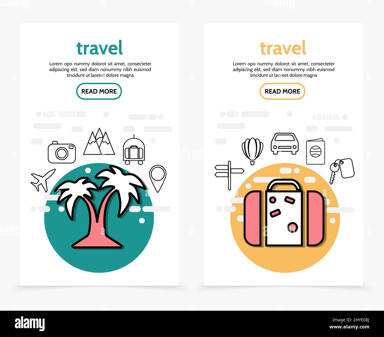 Viaja banners verticales con palmera avión cámara equipaje de montaña mapa  pin cartel bolsa coche pasaporte llave globo de aire caliente iconos de  línea vector illus Imagen Vector de stock - Alamy