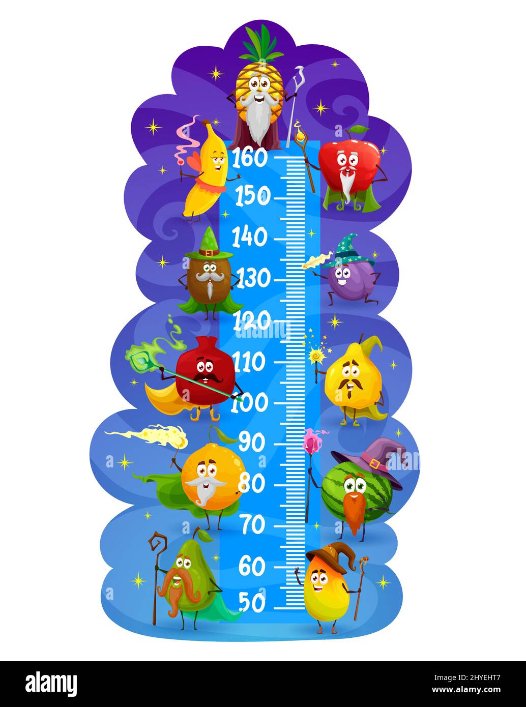 Quedar asombrado Fácil de comprender De Verdad Tabla de altura para niños con mago de dibujos animados y magos. Medidor de  crecimiento vectorial con manzana, naranja, plátano y piña, sandía, kiwi,  personajes mágicos de mango y ciruela, regla de