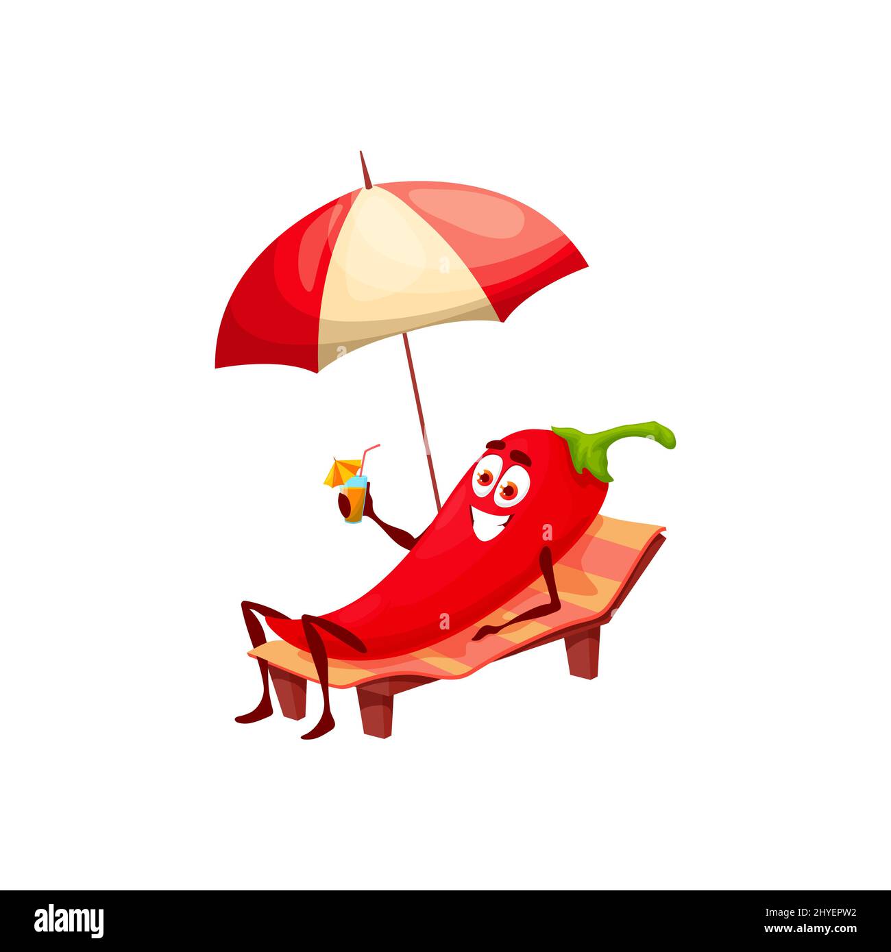 Chile descansando sobre una tumbona bajo un paraguas con cóctel aislado  lindo personaje de dibujos animados de frutas de verano. Vector divertido  verduras niños alimentos de vacaciones, saludable vegetariano en chaise  lounge,