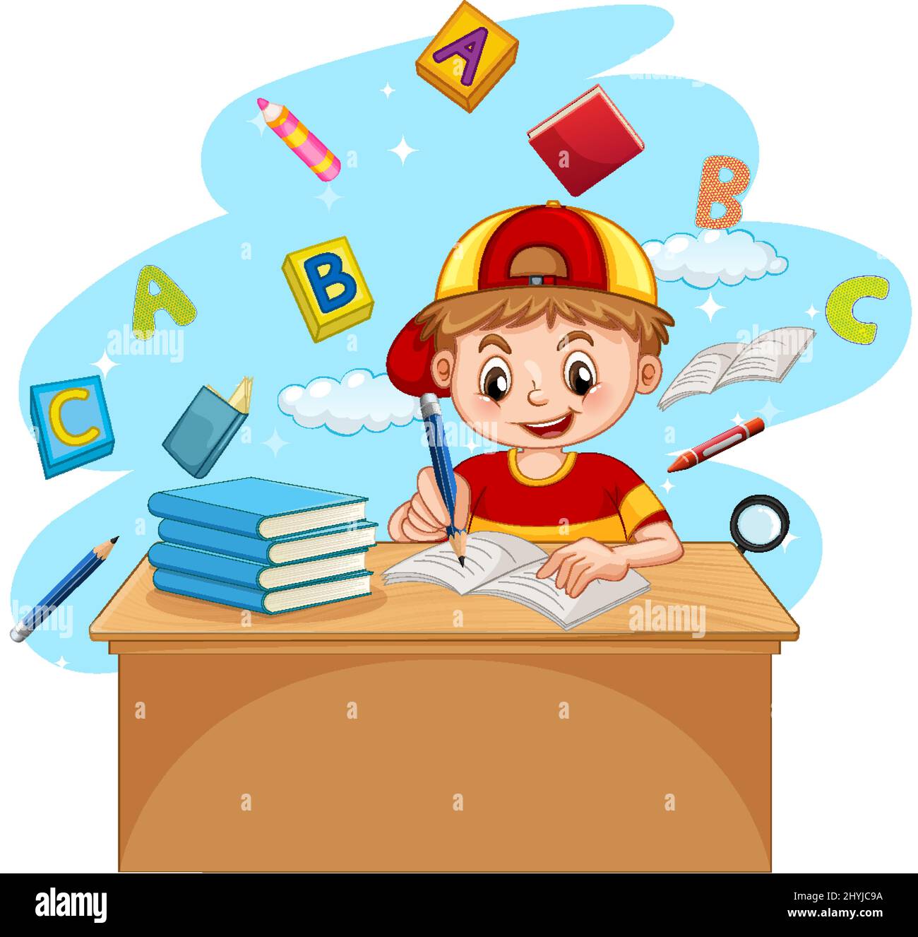 Un niño haciendo la tarea con libros sobre ilustración de fondo blanco  Imagen Vector de stock - Alamy