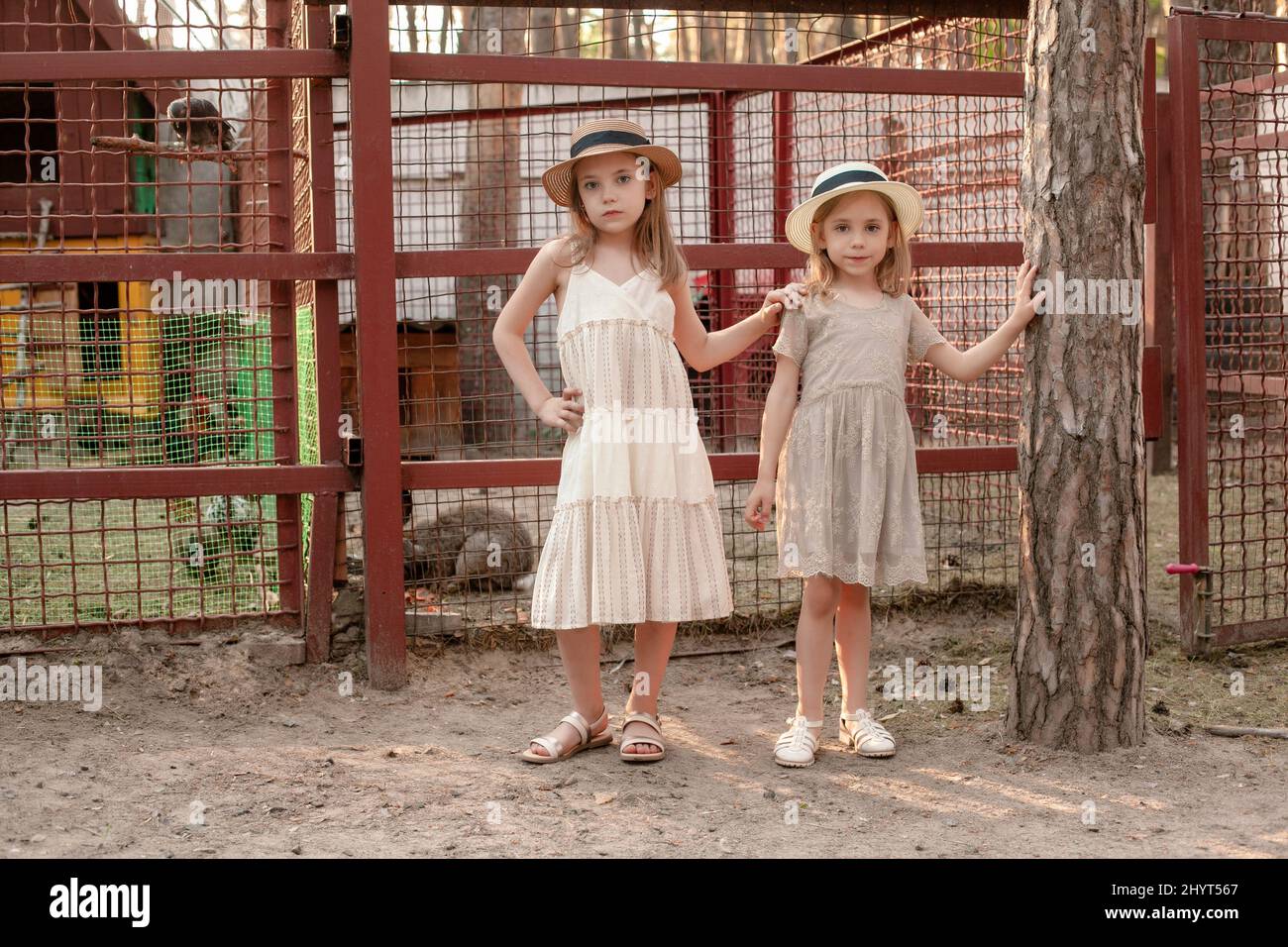 Dos niñas preadolescentes de pie cerca de jaulas con animales domésticos y aves en el campo Foto de stock