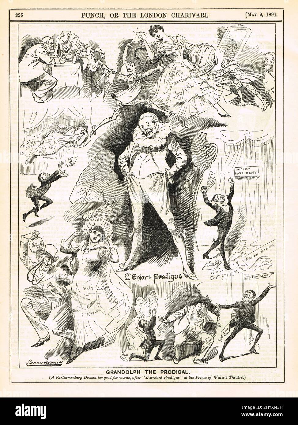 Grandolph el pródigo. Dibujo animado de 1891 por Harry Furniss lamentando Randolph Churchill como el prodigal niño L'enfant prodigue Foto de stock