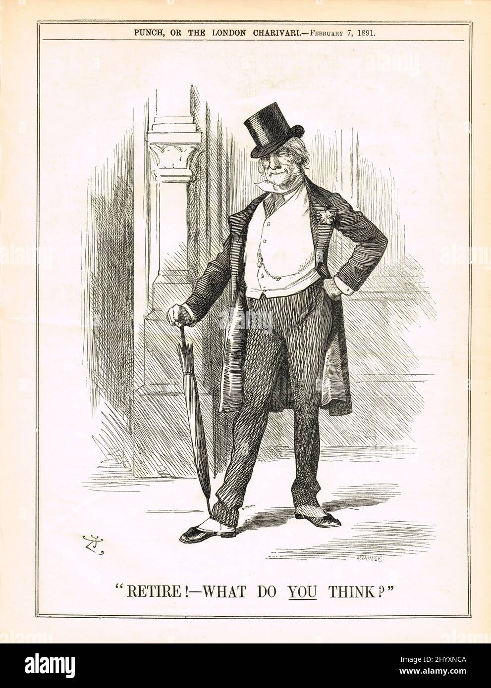 ¡Retirarse! ¿Qué opina usted? La caricatura del ponche de 1891 con respecto a los rumores William Gladstone iba a dimitir Foto de stock