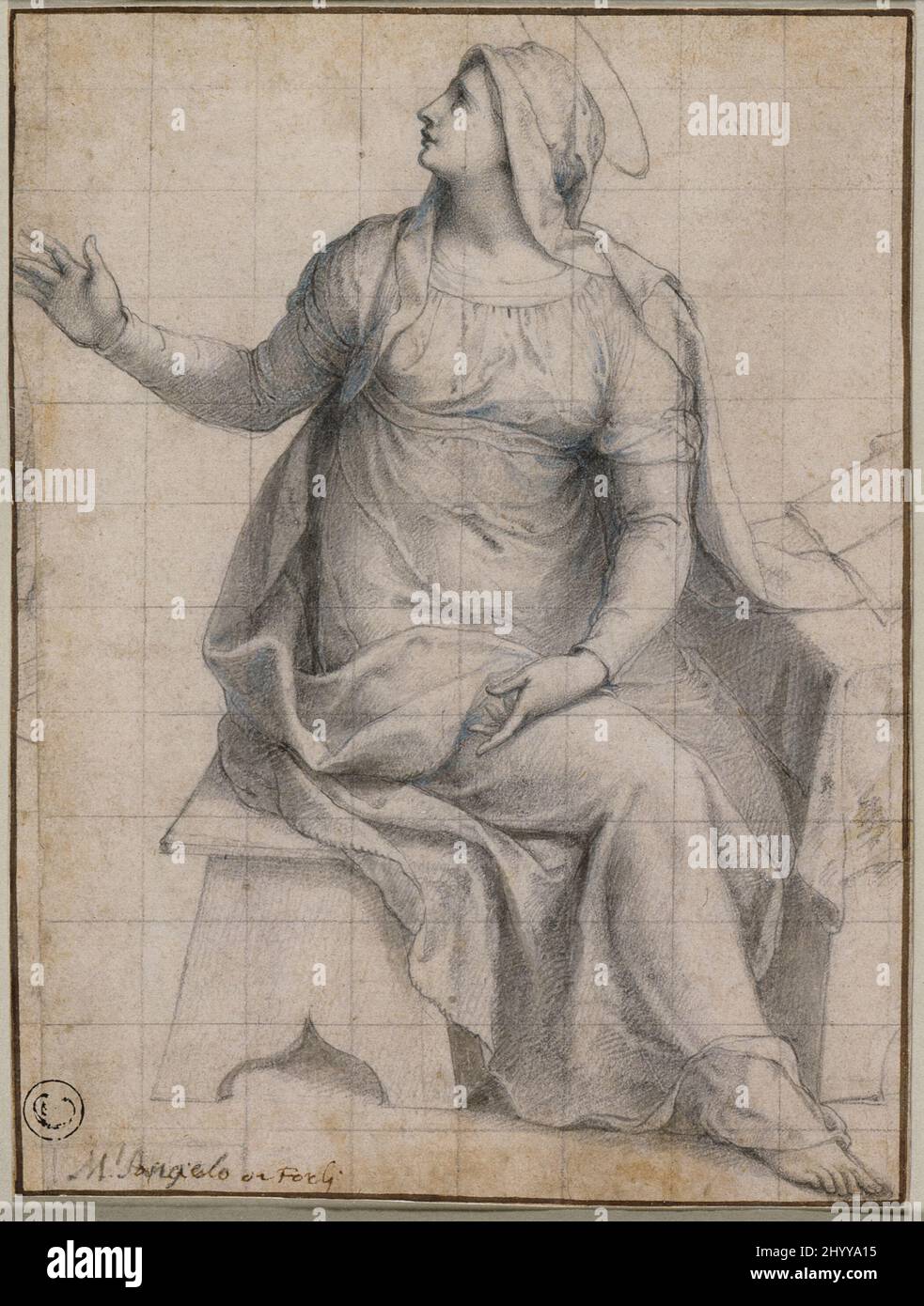 Virgen de la Anunciación. Livio Agresti (Italia, Forli, alrededor de 1508-1580). Italia, alrededor de 1559. Dibujos. Tiza negra con toques de lavado azul, cuadrada para transferencia Foto de stock