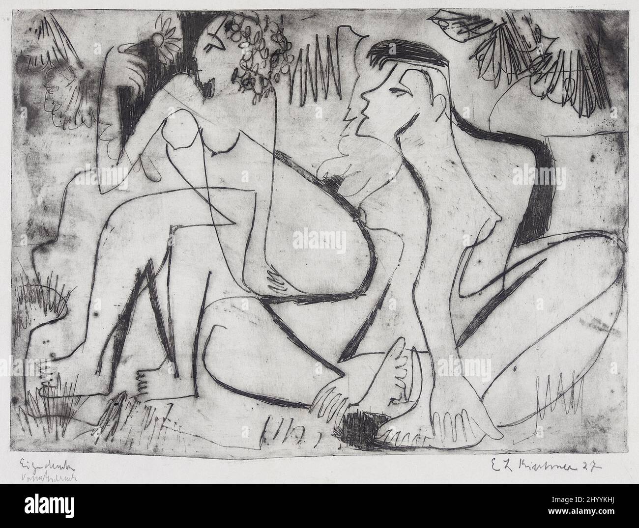 Zwei nackte Mädchen en freien. Ernst Ludwig Kirchner (Alemania, 1880-1938). Alemania, 1928, fechada en 1927 por el artista. Impresiones; grabados. Grabado Foto de stock
