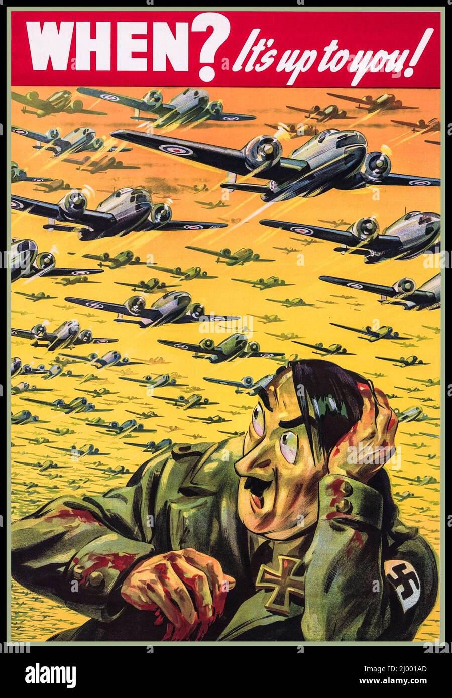 WW2 Cartel de propaganda de reclutamiento 'Cuando ? ¡Depende de ti! Adolf Hitler caricatura caricatura caricatura cobaring de un ataque aéreo masivo 1941 Canadá reclutamiento cartel Foto de stock