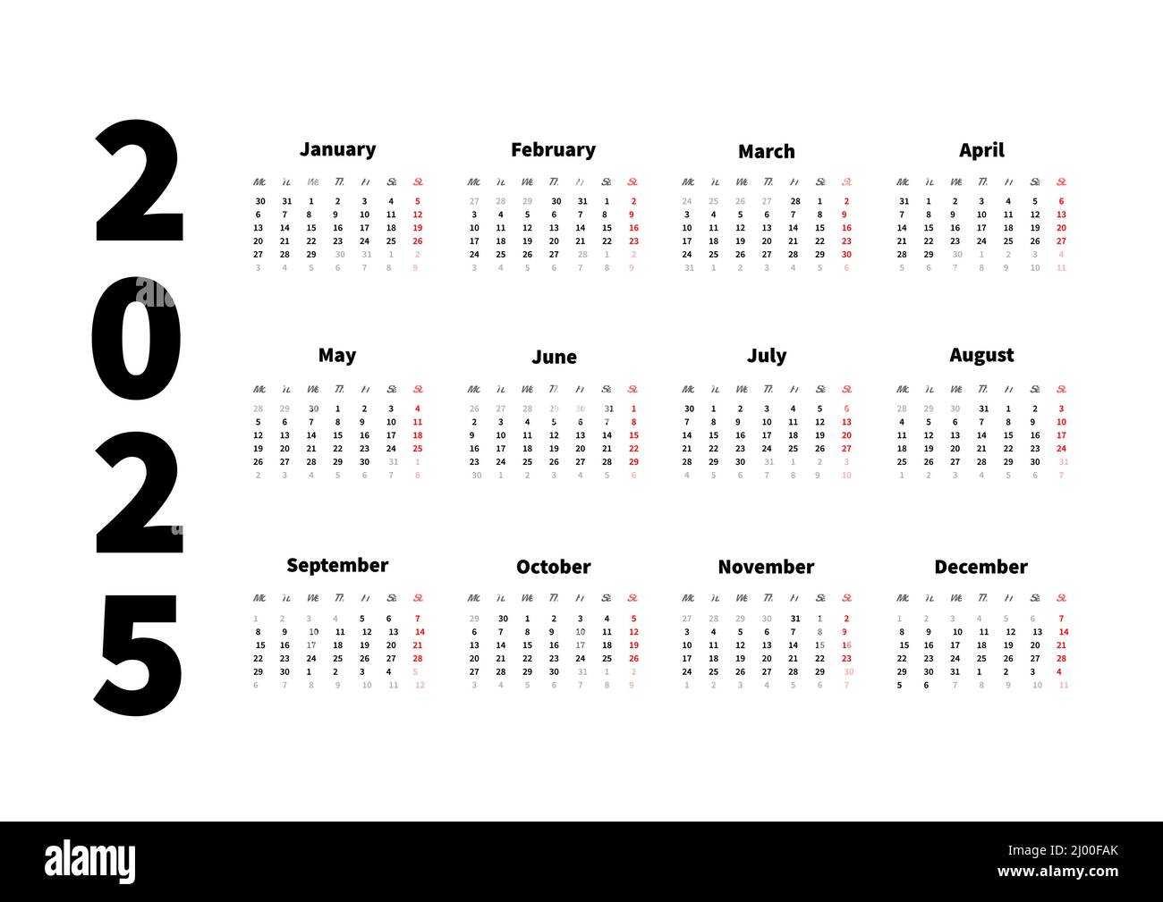 calendario horizontal simple de 2025 años en inglés, calendario
