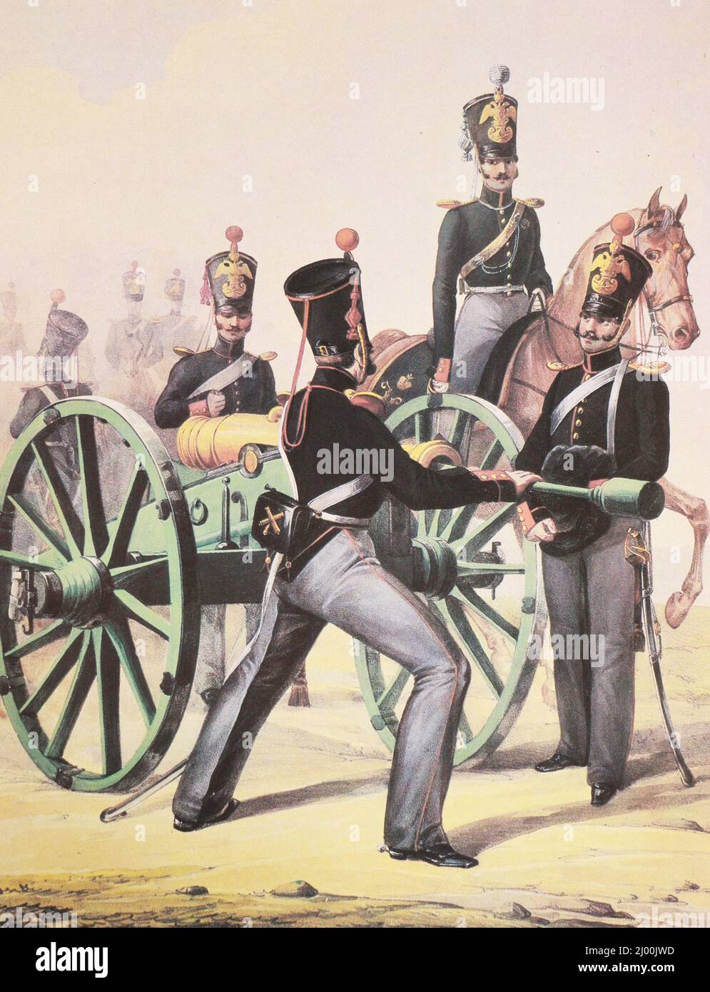 Oficial jefe y privado de la brigada de artillería de caballos del ejército ruso. Pintura de 1839. Foto de stock