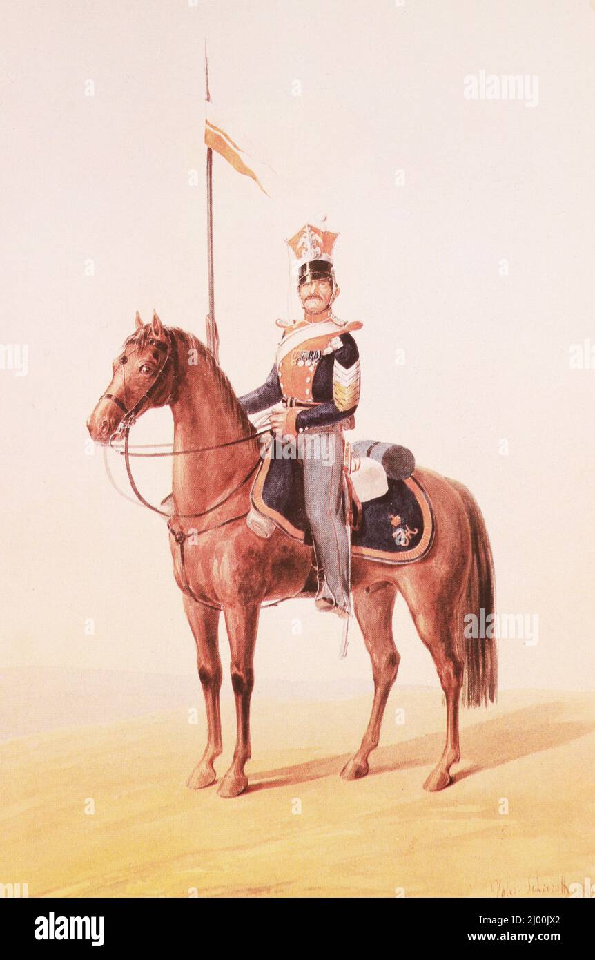Extraordinario privado del Regimiento de Lancers de Yamburg del Ejército Ruso. Pintura de 1845. Foto de stock