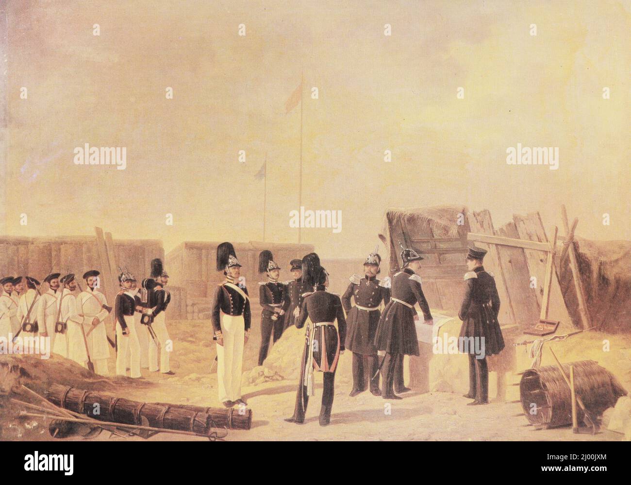 Batallón Sapper de los guardacostas en la construcción de fortificaciones. Pintura del 1840s. Foto de stock