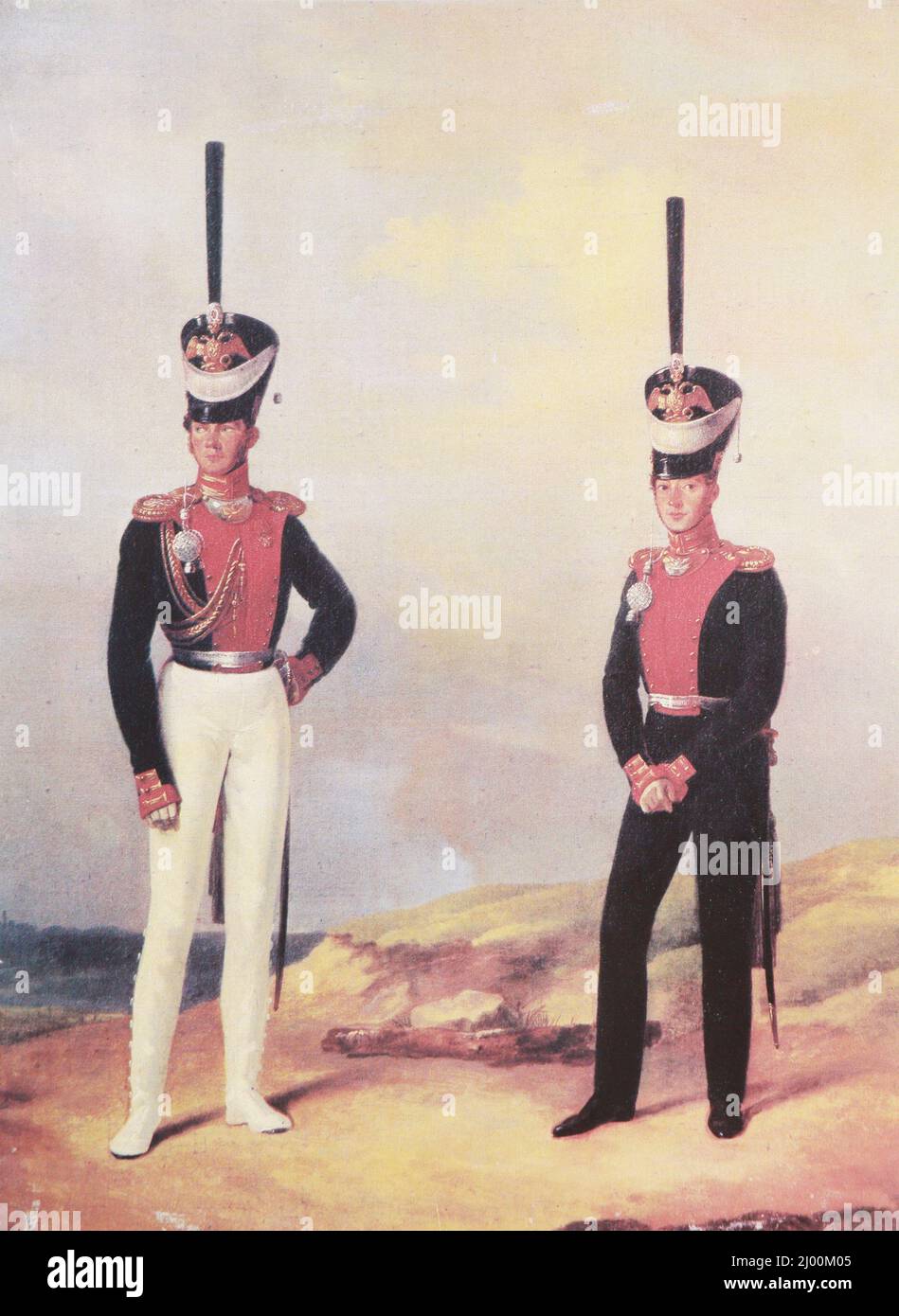 Dos capitanes de los guardaparques del regimiento de Moscú. Pintura del 1820s. Foto de stock