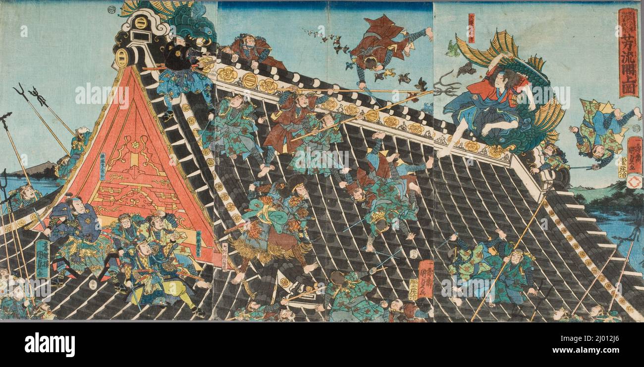 Batalla en el techo de Hōryūkaku, de la Play 'Tale of the Eight Dogs' (Hakkenden). Utagawa Kunisada II (Japón, 1823-1880). Quinto mes 1854. Impresiones; bloques de madera. Tríptico con estampado de bloques de madera en color Foto de stock