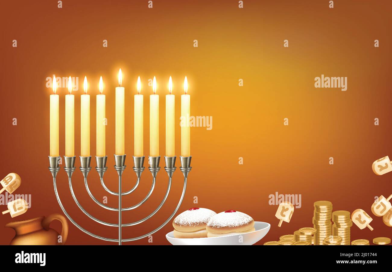 Feliz fiesta judía de hanukkah saludo con menora candelabrum luces seis