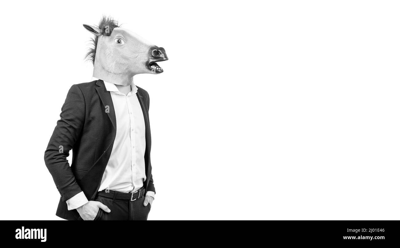 El hombre profesional de trabajo duro lleva la cabeza de caballo con traje formal, caballo de trabajo Foto de stock