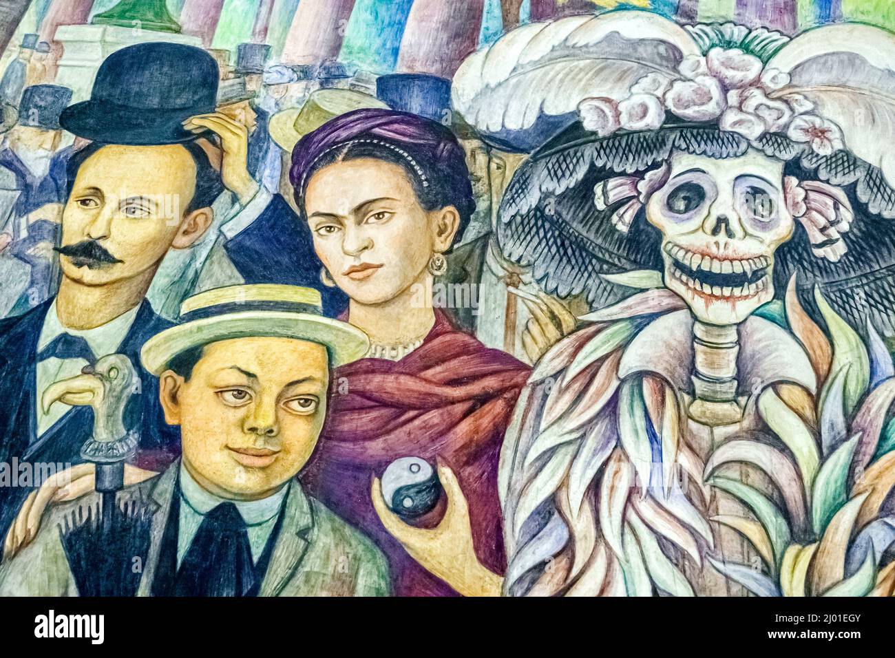 Ciudad de México, Museo Mural Museo de Arte Diego Rivera, Sueno de una tarde dominical en la Alameda Central 1947, esqueleto de catrina José Martí Frida Kahlo Foto de stock