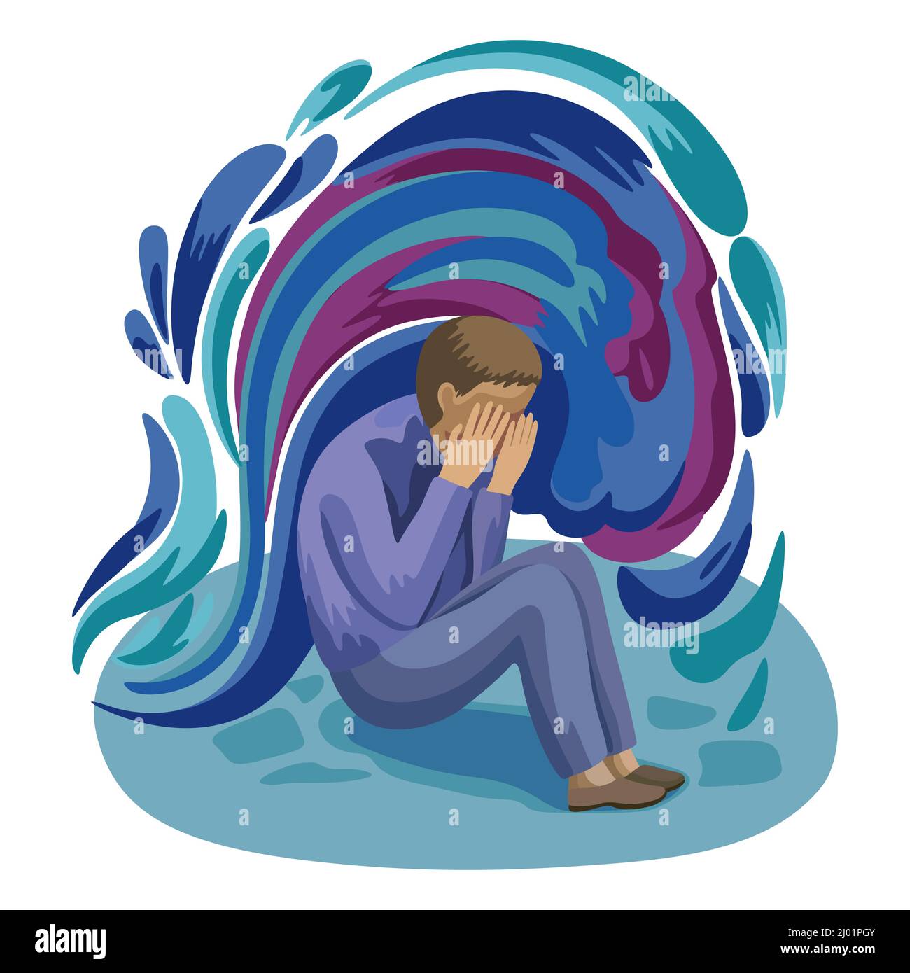 Un hombre triste se sienta con su cara en sus  dibujo a mano  dibujo de dibujos animados conceptual sobre la depresión Imagen Vector de  stock - Alamy