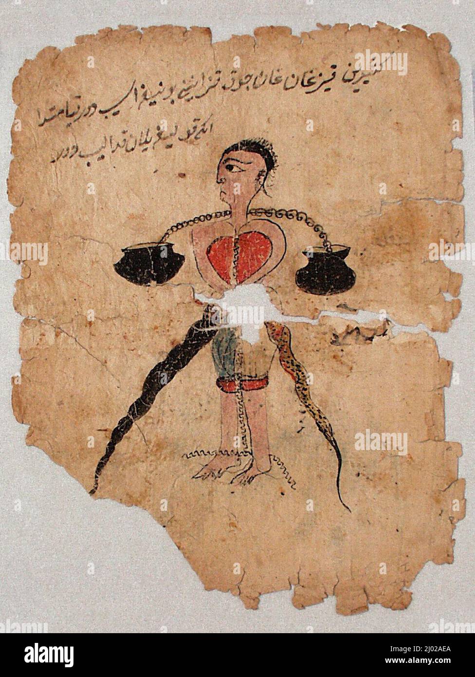 Página de un manuscrito de Chaghatay que representa castigos en el infierno por delitos en la vida Foto de stock