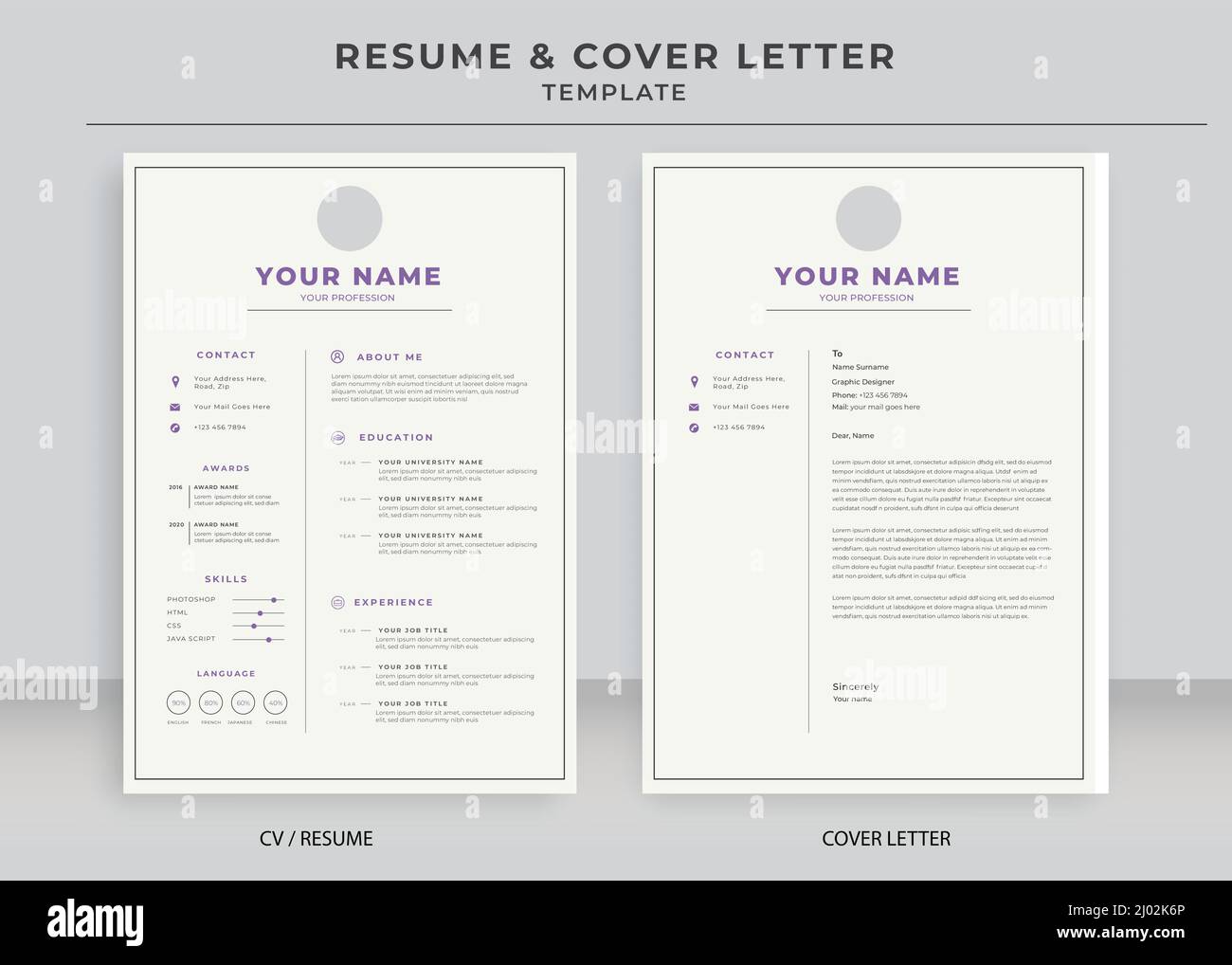 Plantilla de carta de curriculum vitae y portada, plantilla de cv de