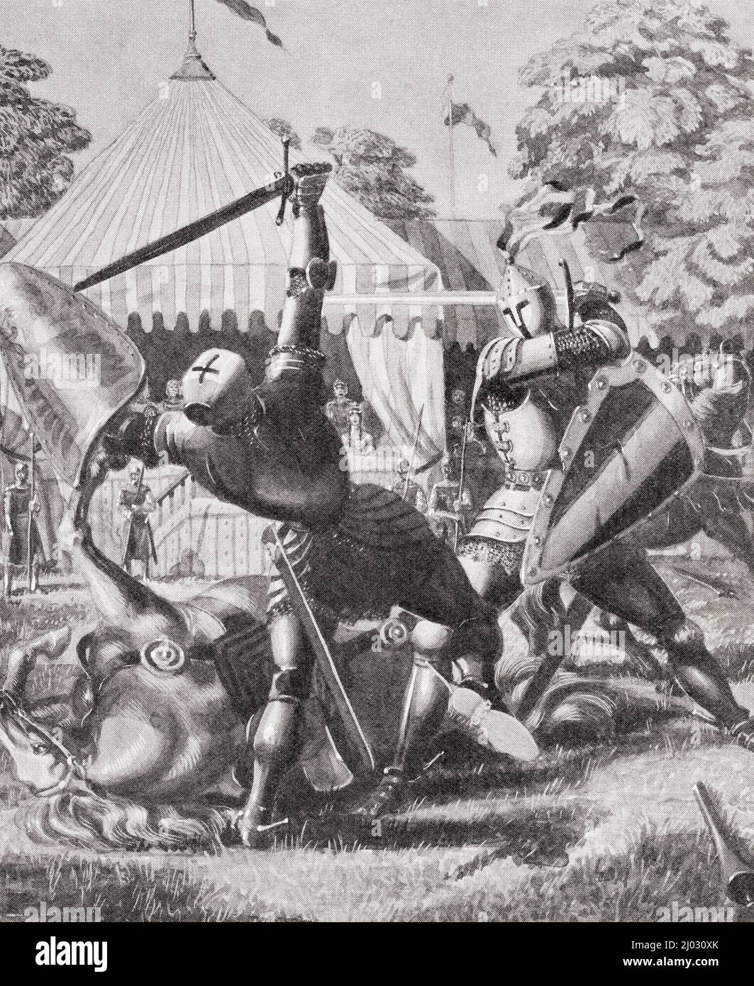 Dos caballeros peleando en la época del rey Arturo. Del País de las Maravillas del Conocimiento, publicado c.1930 Foto de stock