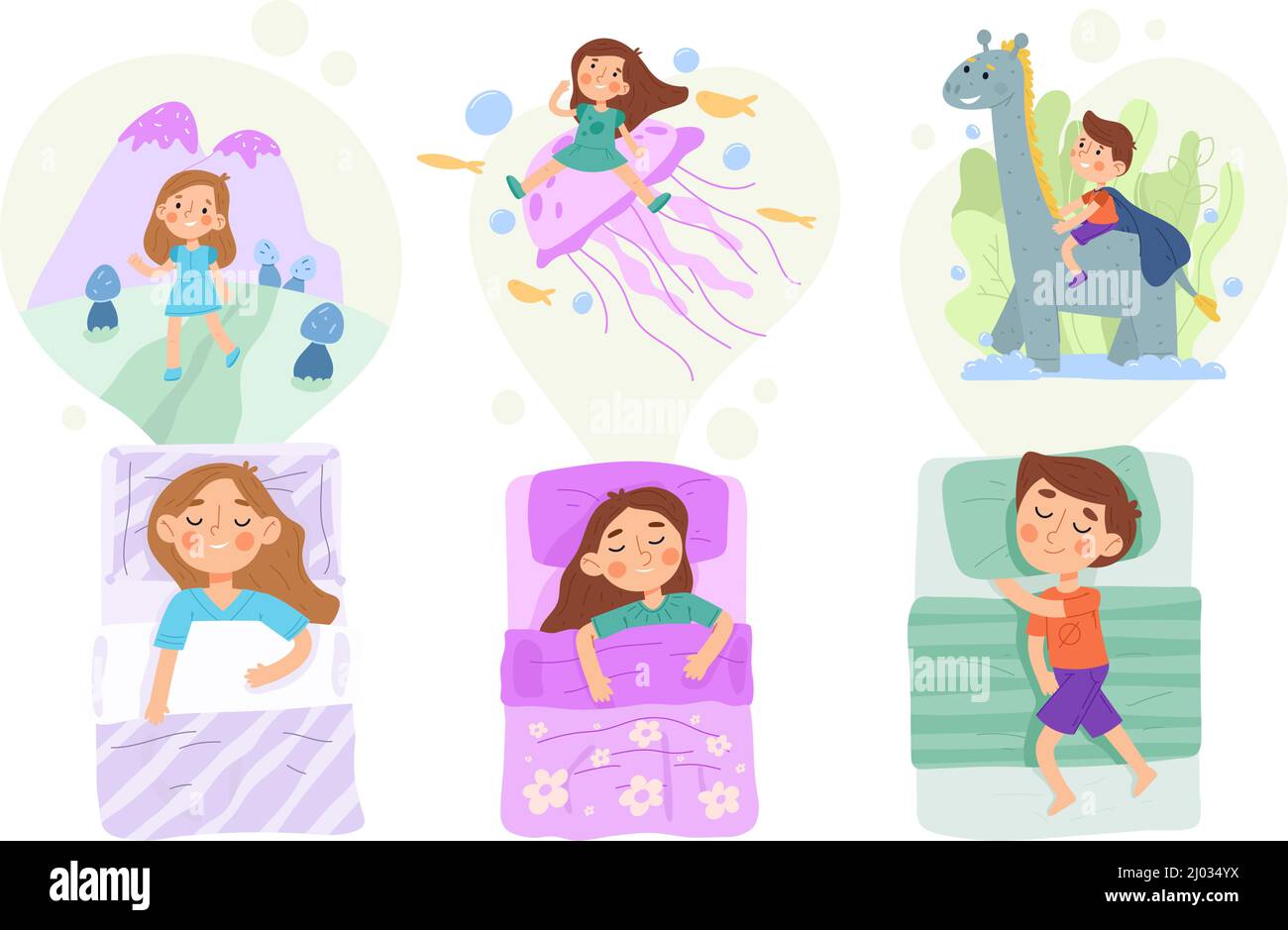 Niño en la cama, fantasía mundo dormir niño carácter. Niños noche sueños imaginación mundo vector ilustración. Aventura de ensueño Ilustración del Vector