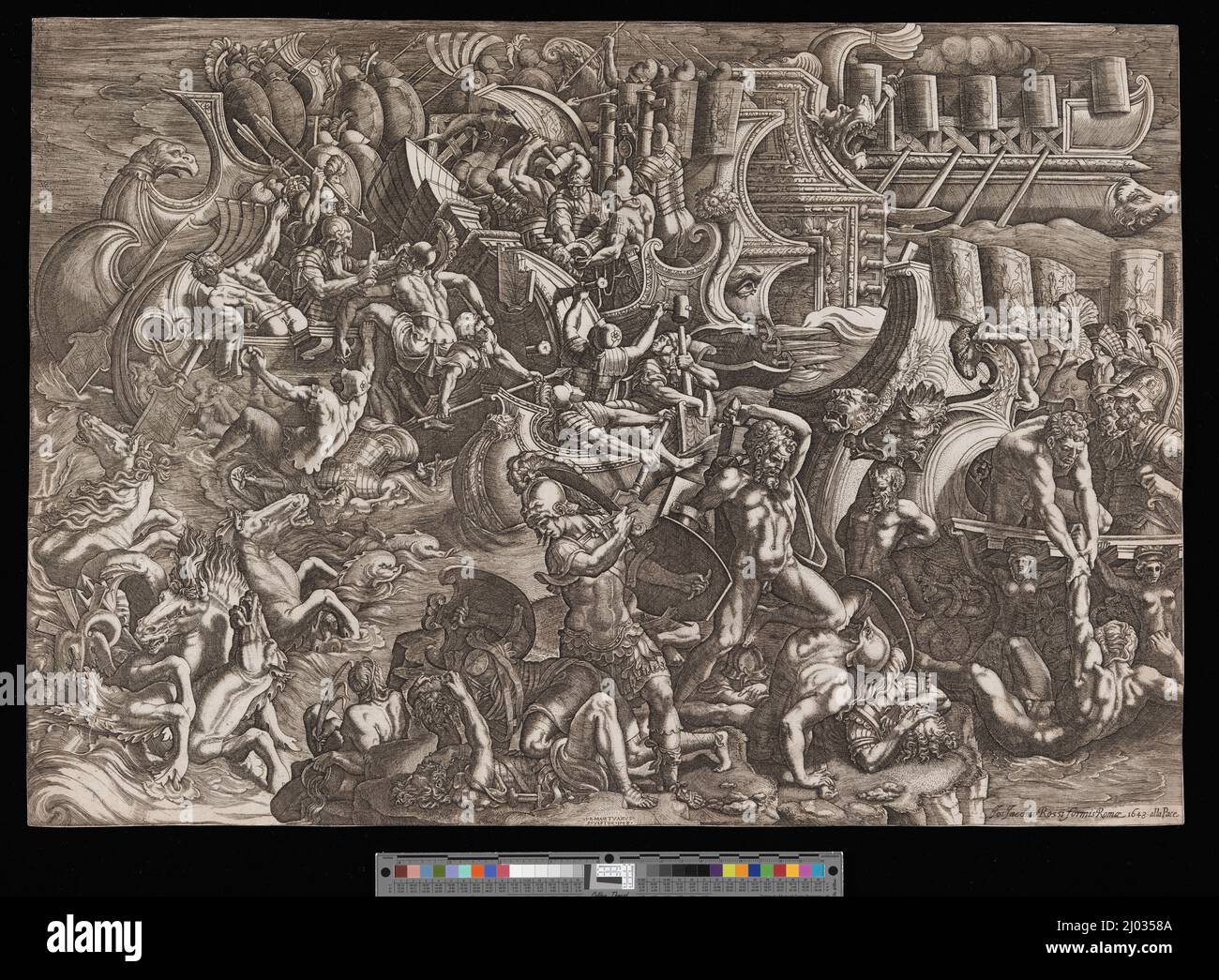 Batalla Naval entre Griegos y Troyanos. Giovanni Battista Scultori (Italia, Mantua, 1503-1575) Giulio Romano (Italia, Roma, alrededor de 1499-1546). Italia, 1538. Impresiones; grabados. Grabado Foto de stock