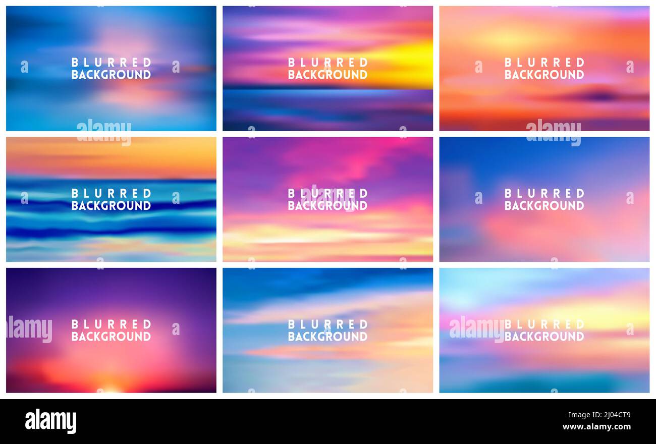 Conjunto de 9 fondos horizontales de gran amplitud borrosa mar puesta de sol Ilustración del Vector