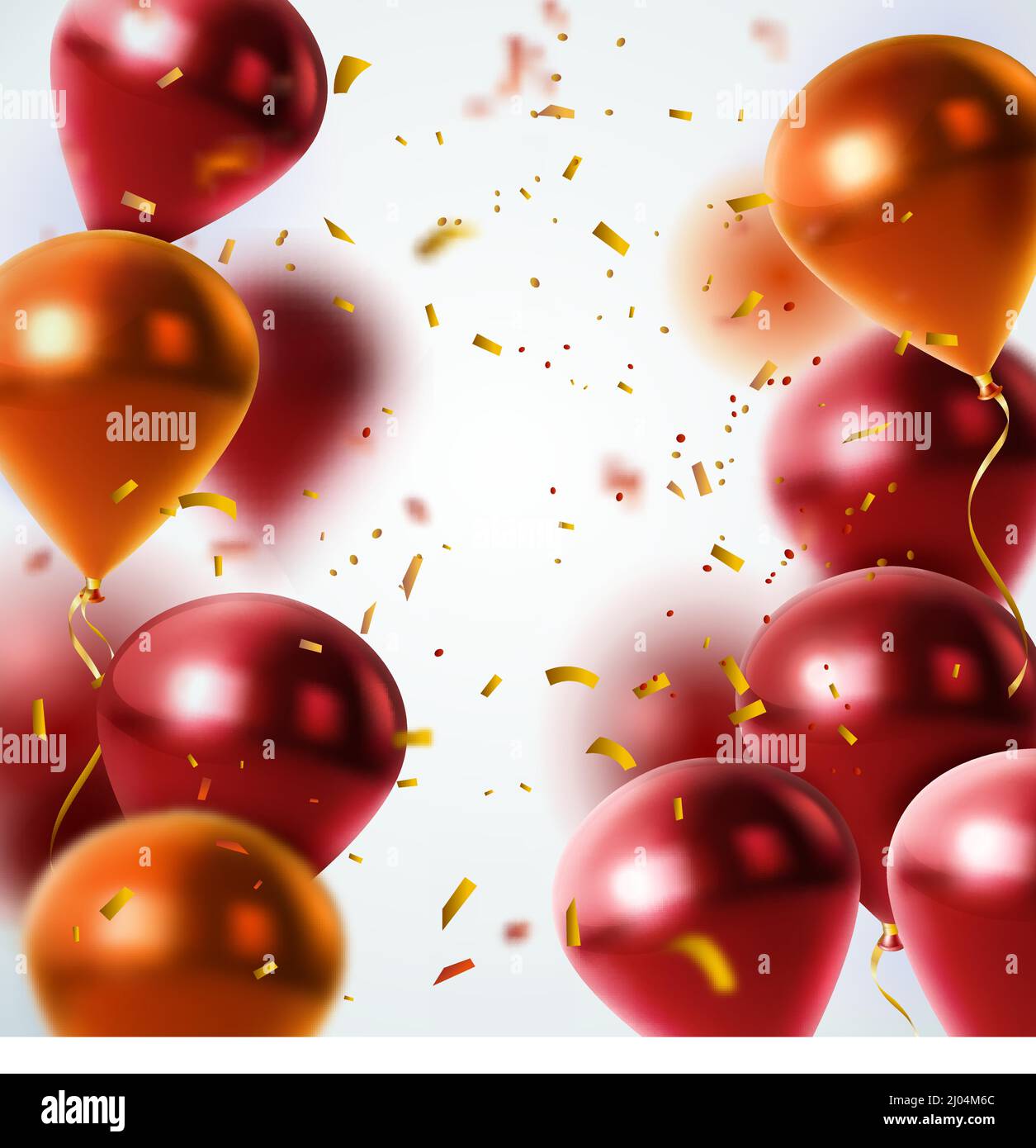 Globos rojos y naranjas brillantes y lluvia de confeti de oro en la  ilustración vectorial de fondo de luz borrosa Imagen Vector de stock - Alamy