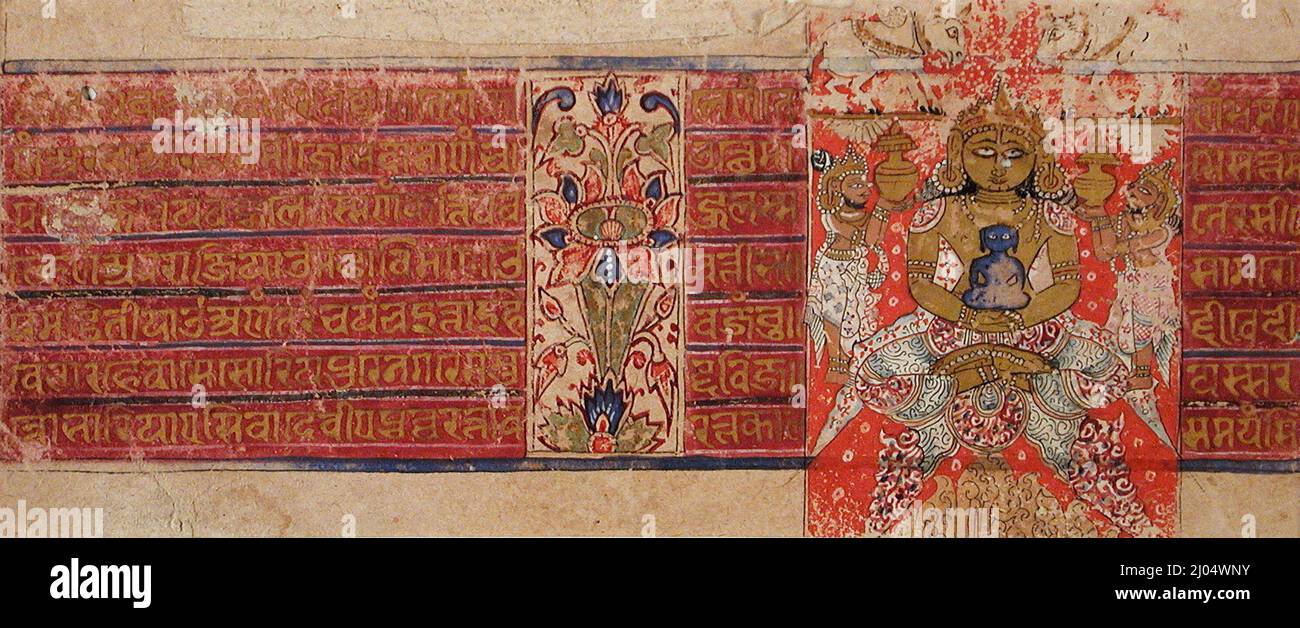 Lutración de Jina Neminatha, Folio de un manuscrito Kalpasutra (Libro de Preceptos Sagrados). India, Madhya Pradesh, Mandu, 1439. Dibujos; acuarelas. Tinta, acuarela opaca y oro sobre papel Foto de stock