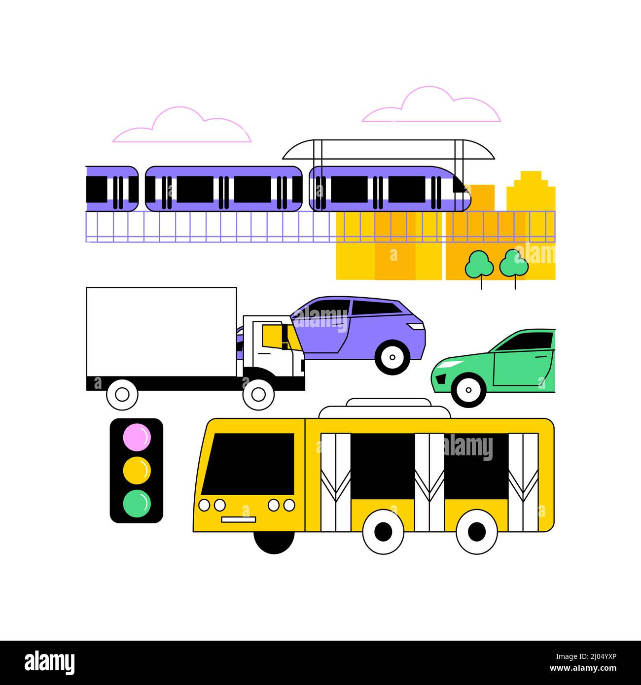 Ilustración vectorial de concepto abstracto de transporte urbano. Sistema de transporte público, carreteras urbanas concurridas, tráfico de coches, plataforma de la estación de metro, parada de autobús, personas en espera, metáfora abstracta del metro. Ilustración del Vector
