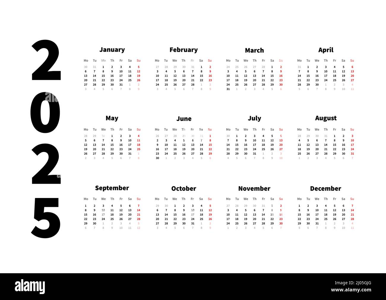 calendario horizontal simple de 2025 años en inglés, calendario tipográfico aislado en blanco